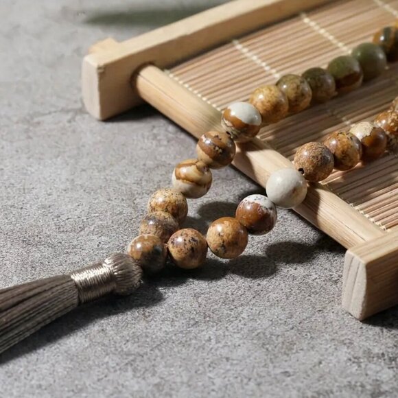 Handmade Boho Tassel Necklace Wooden & Blue Lapis Stone Beads – 34” Long #1501 - Picture 7 of 7